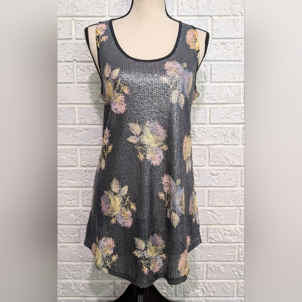 Anthropologie Silence + Noise Sequin Front Floral Scoop Neck Tunic Tank Top Sz M